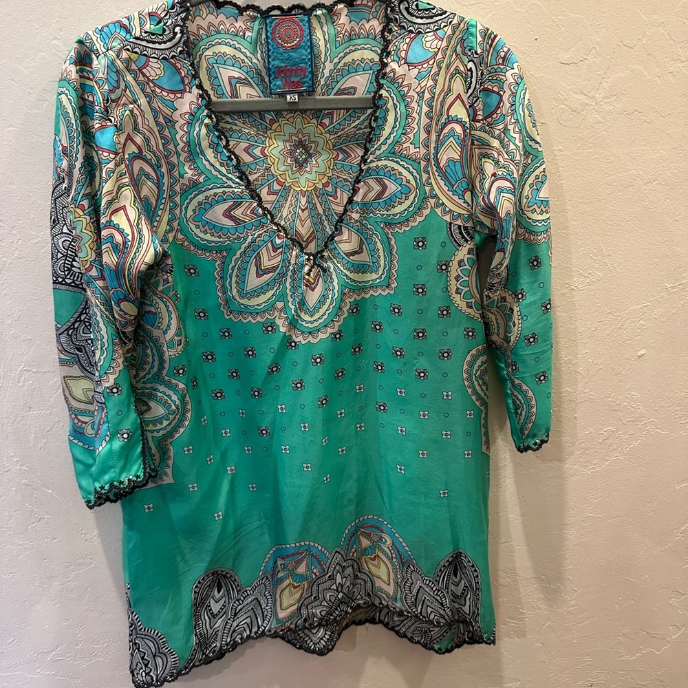 Johnny Was Women's Paisley V-Neck Top - Turquoise